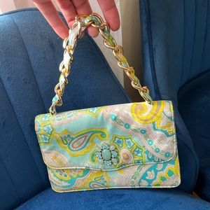 Paisley silk jeweled rhinestone purse gold chain